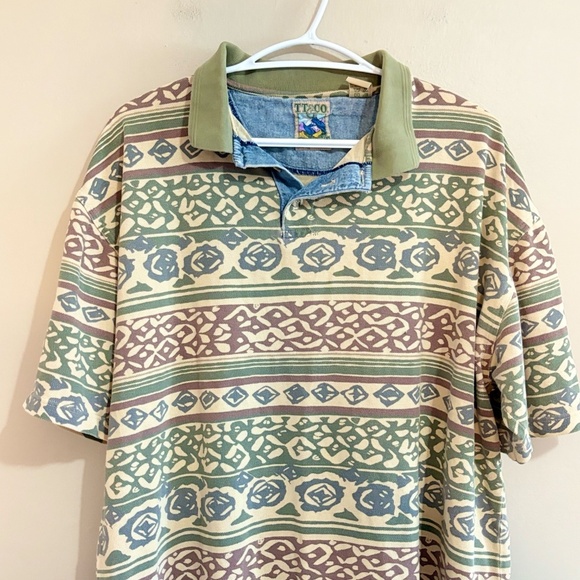 Vintage Green and Brown Geometric Aztec Pattern Polo Shirt - Picture 3 of 12
